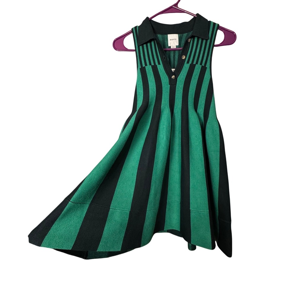 Maeve Anthropologie Green Navy Striped Knit Fit Flare Polo Mini Dress XXS NWT